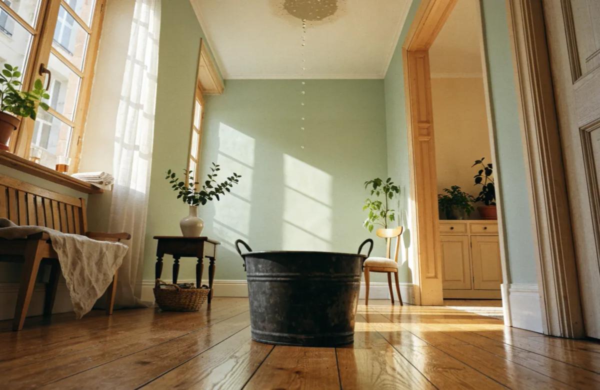 Fuite d'eau qui goutte du plafond causée par le logement du dessus