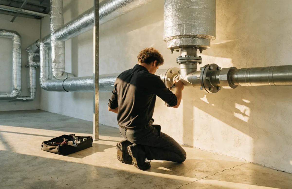 Technicien chauffagiste en maintenance sur une chaudière collective