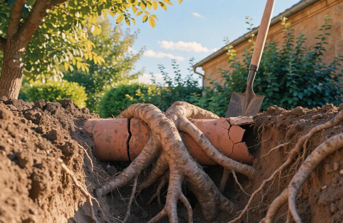 Racines d'arbre infiltrées dans une canalisation enterrée endommagée