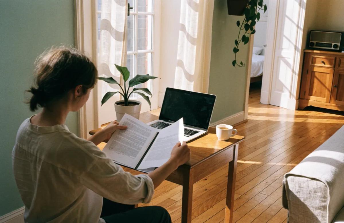 Étudiant préparant son dossier de location avec ses documents sur un bureau