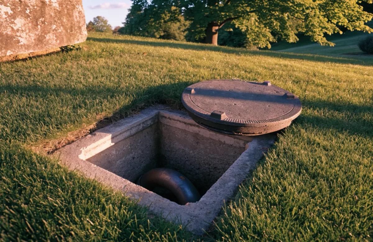 Regard de visite ouvert donnant accès à une canalisation extérieure enterrée dans un jardin
