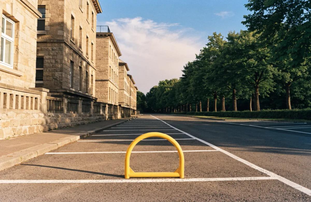 Arceau de parking rabattable installé sur une place de stationnement privée