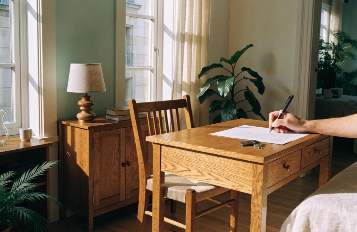 Signature d'un contrat d'assurance habitation sur un bureau
