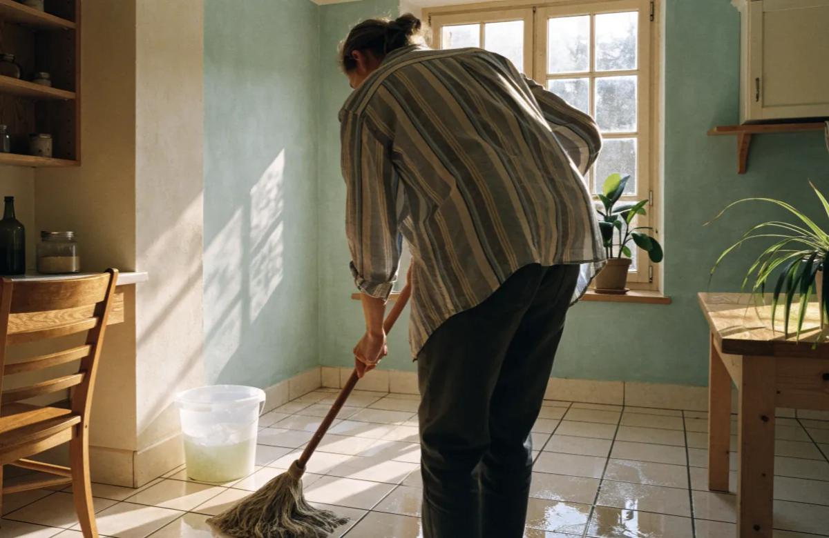 Personne épongeant le sol avec une serpillière et un seau après une fuite d'eau