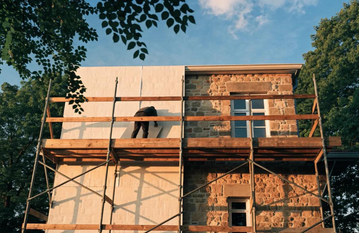 Chantier de rénovation énergétique d'une maison individuelle avec isolation extérieure