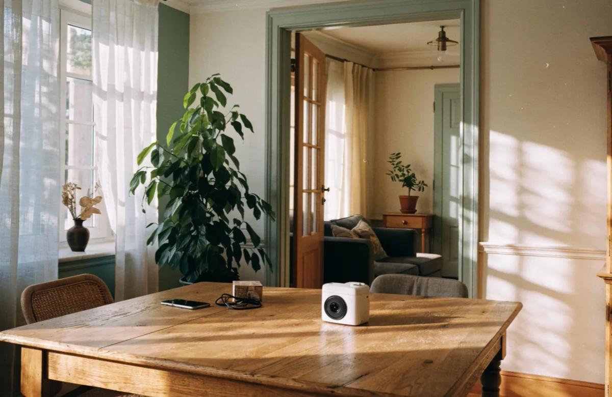 Caméra connectée posée à côté d'un smartphone, prête à être appairée à son application