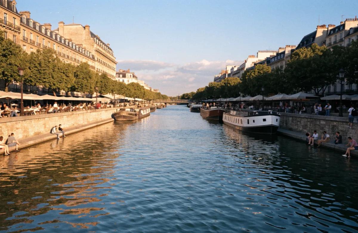 Le bassin de la Villette dans le 19e arrondissement de Paris avec ses péniches et ses guinguettes