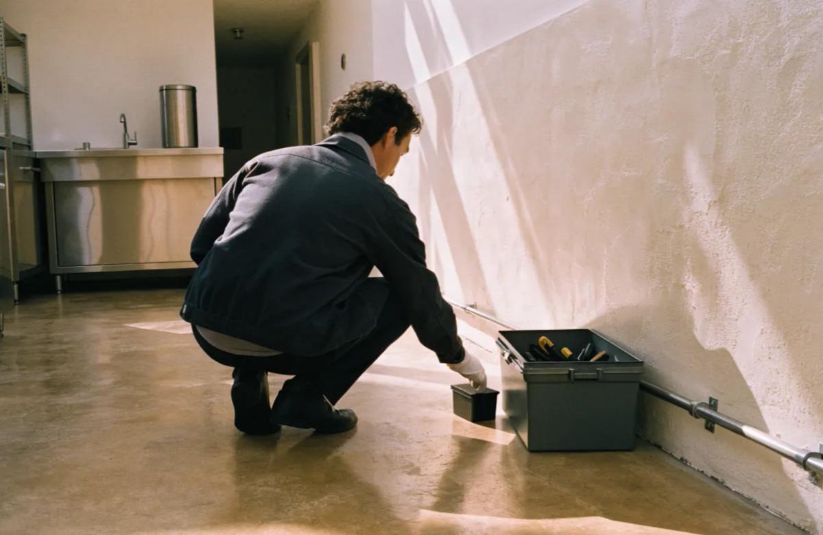 Professionnel en combinaison de protection traitant un logement contre les nuisibles