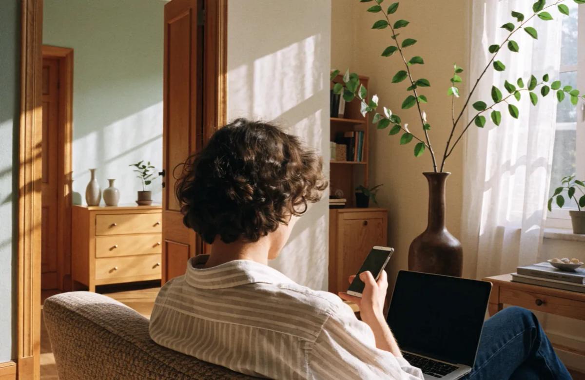 Personne consultant des annonces immobilières sur smartphone et ordinateur portable