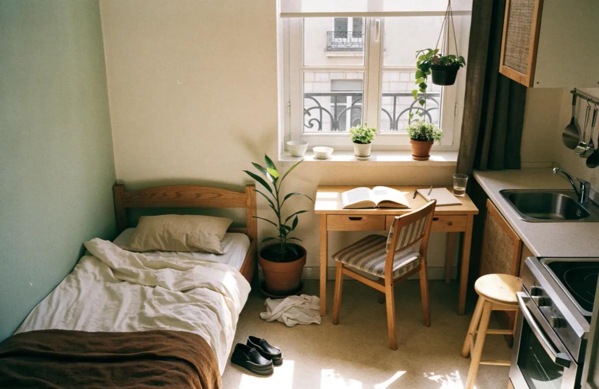 Plan d'un studio étudiant meublé avec coin nuit et kitchenette