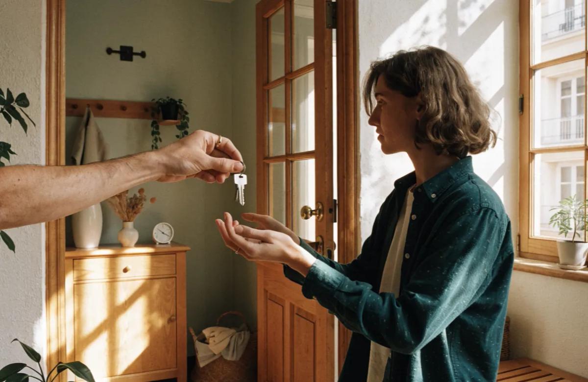 Locataire recevant les clés de son appartement le jour de l'état des lieux d'entrée