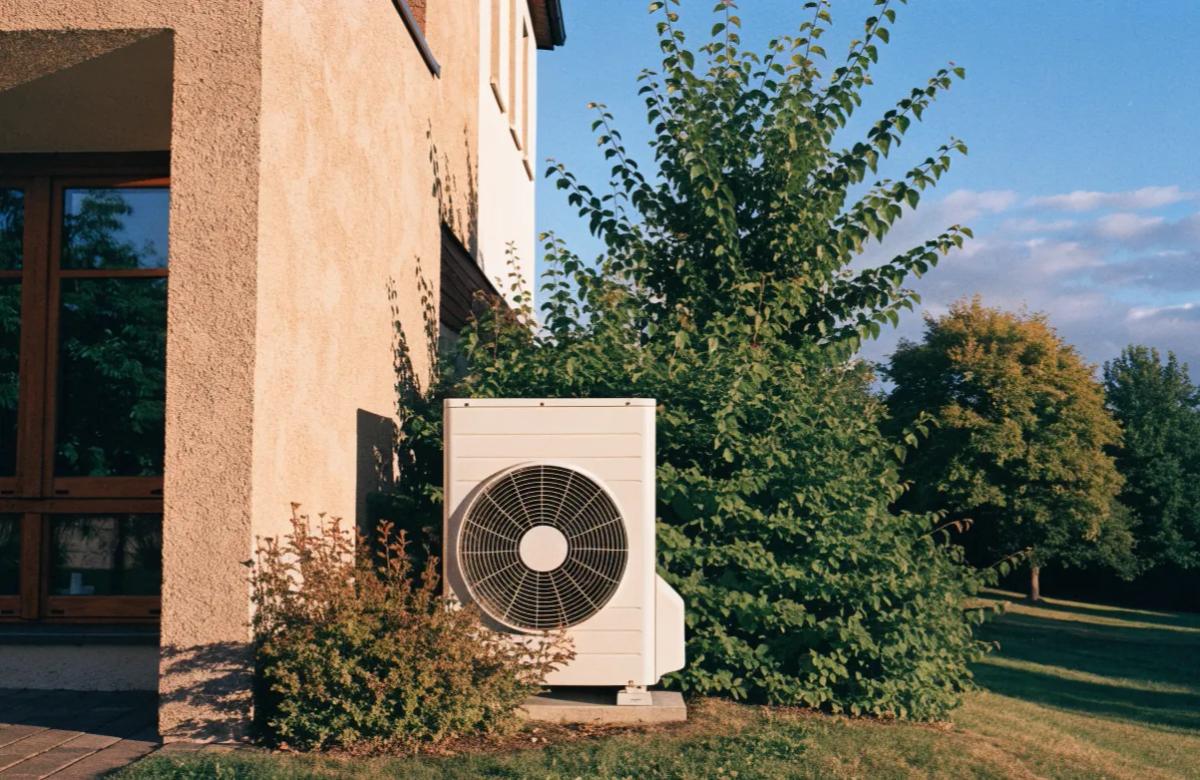 Pompe à chaleur installée à l'extérieur d'une maison rénovée