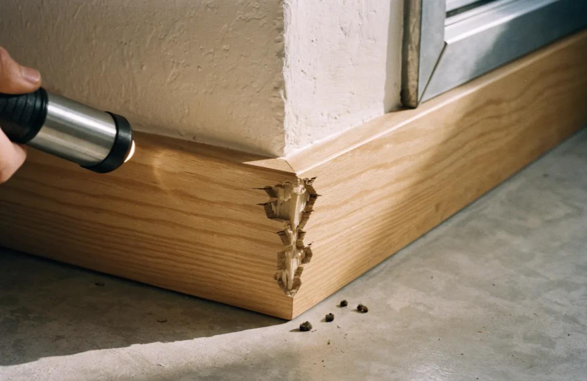 Traces de présence de rongeurs le long d'une plinthe dans un appartement