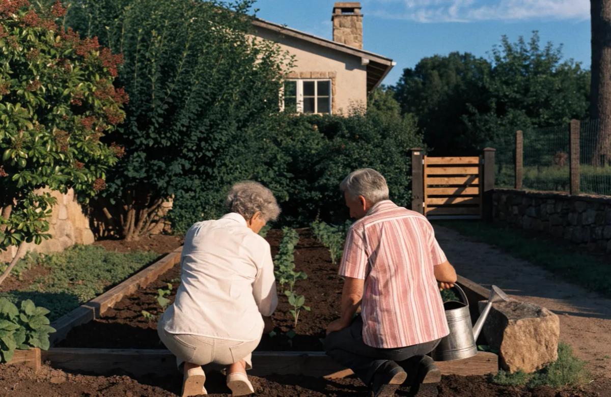 Deux seniors jardinant ensemble dans le jardin de leur maison partagée
