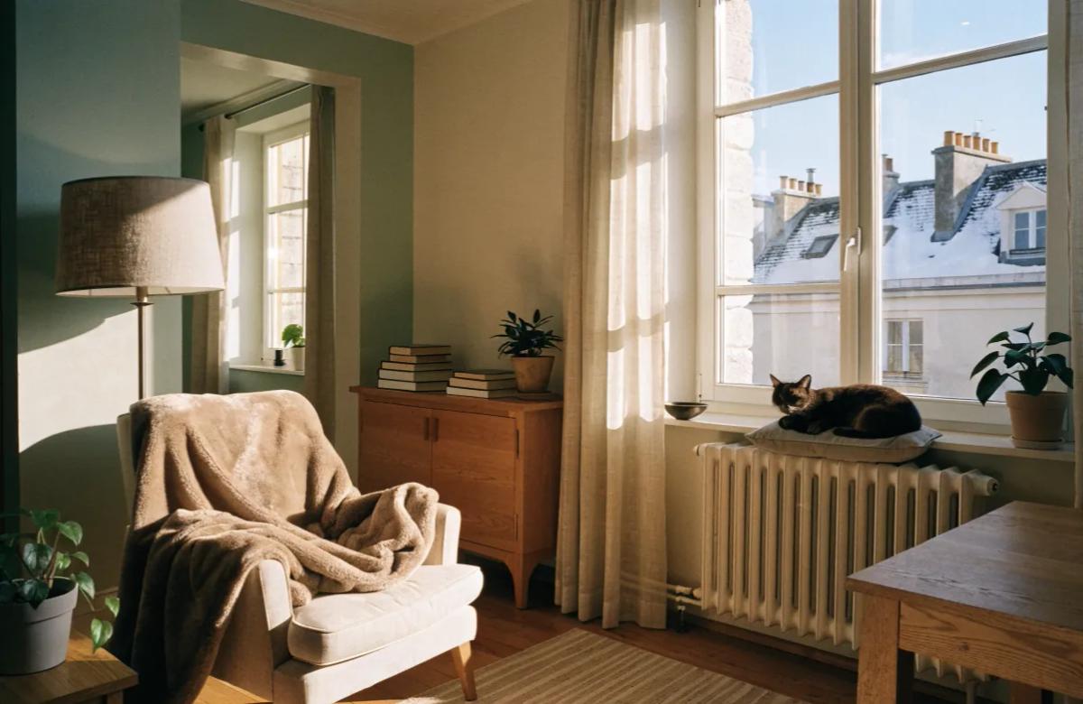 Radiateur chaud dans un salon d'appartement confortable en hiver