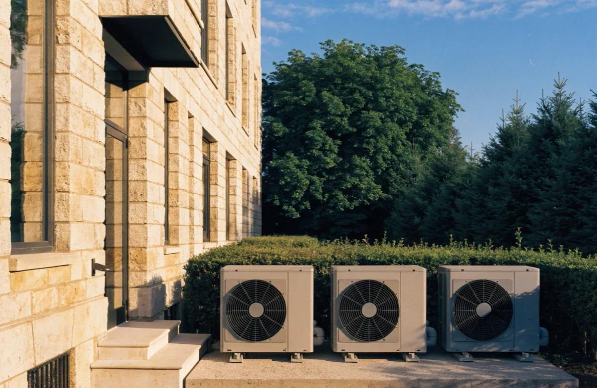 Pompes à chaleur collectives installées au pied d'un immeuble résidentiel