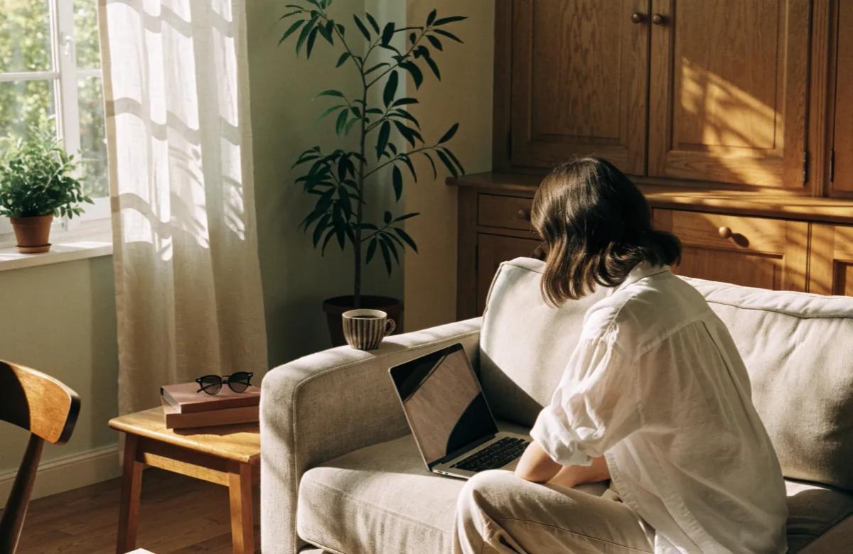 Freelance travaillant avec son ordinateur portable installé sur le canapé de son salon