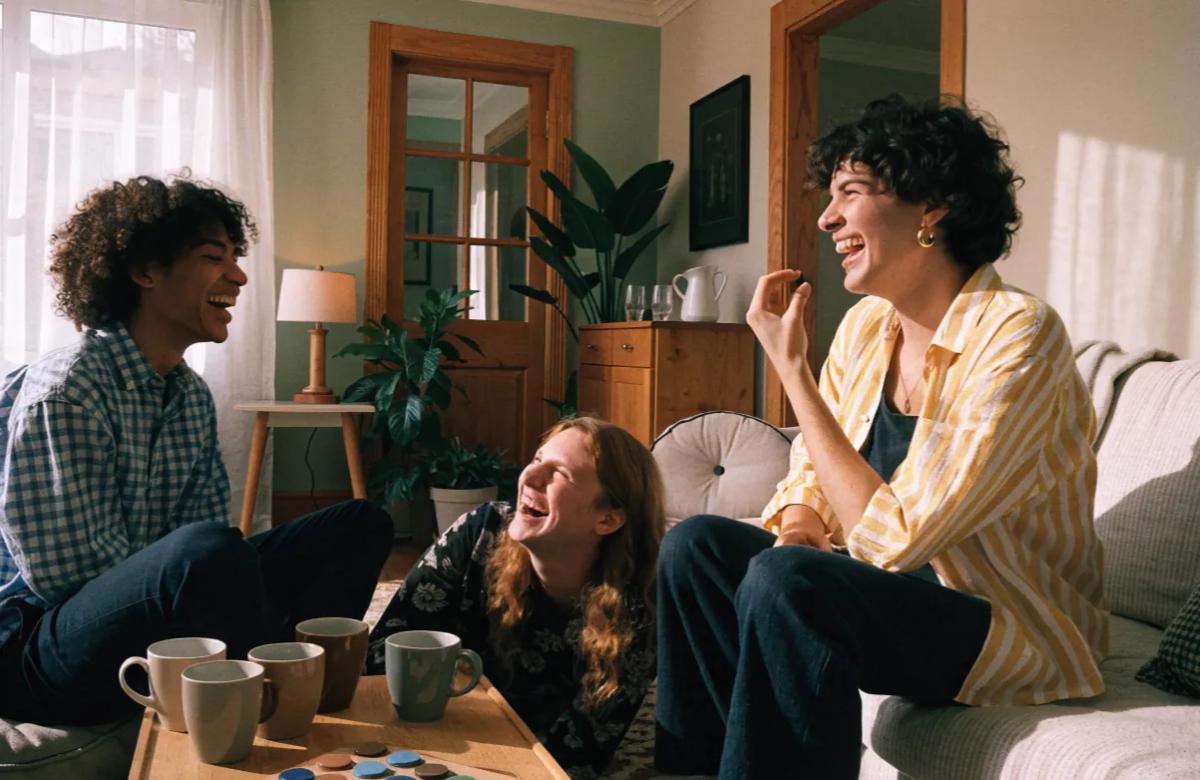 Colocataires partageant un moment convivial dans le salon d'un appartement lumineux
