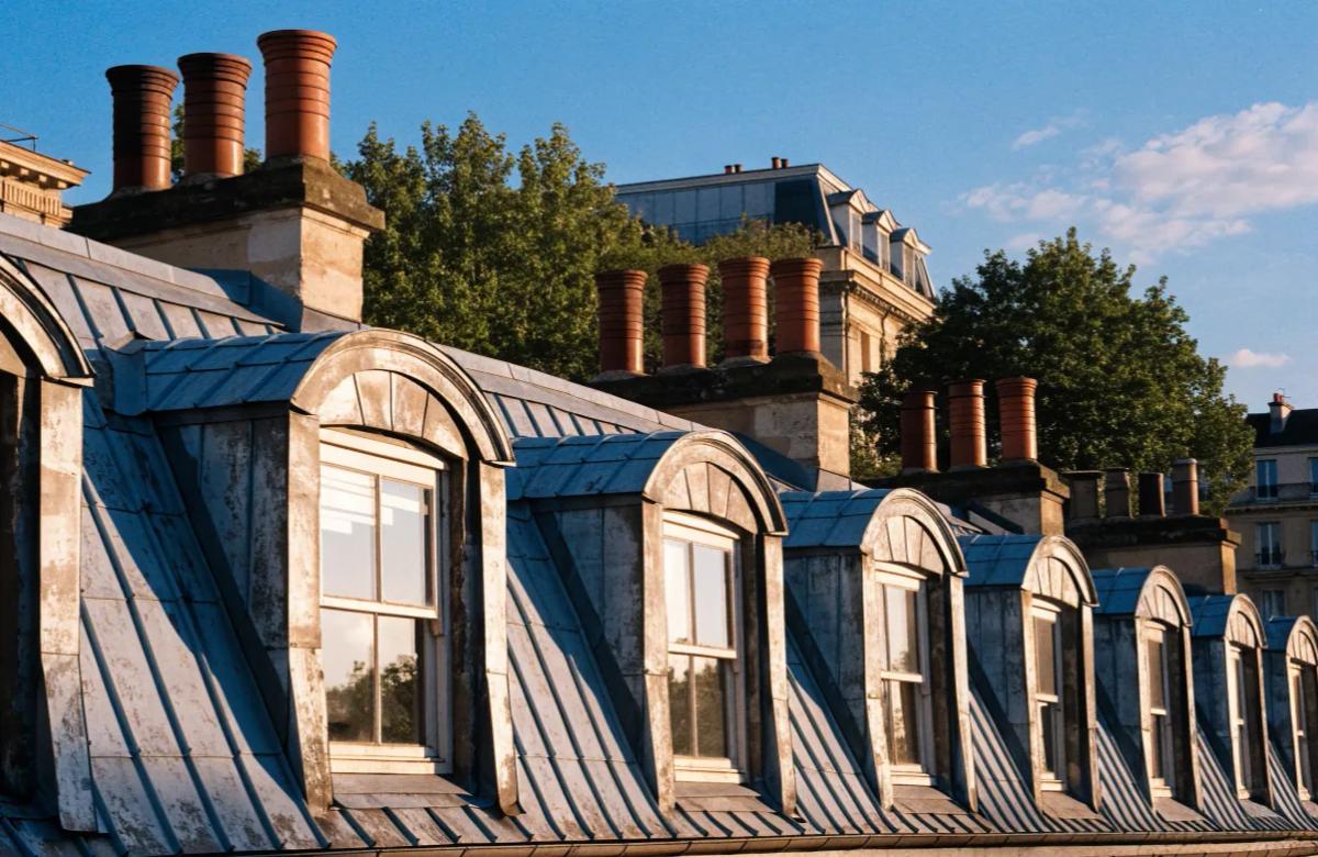 Immeuble haussmannien parisien et son toit mansardé abritant les chambres de bonne