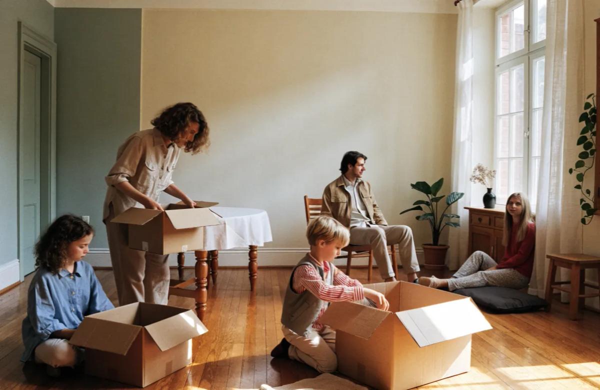 Famille nombreuse emballant des cartons lors d'un déménagement