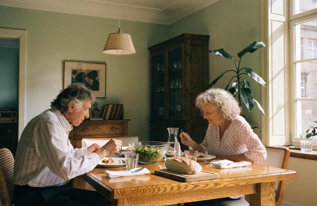 Groupe de seniors partageant un repas convivial dans la cuisine commune d'une colocation
