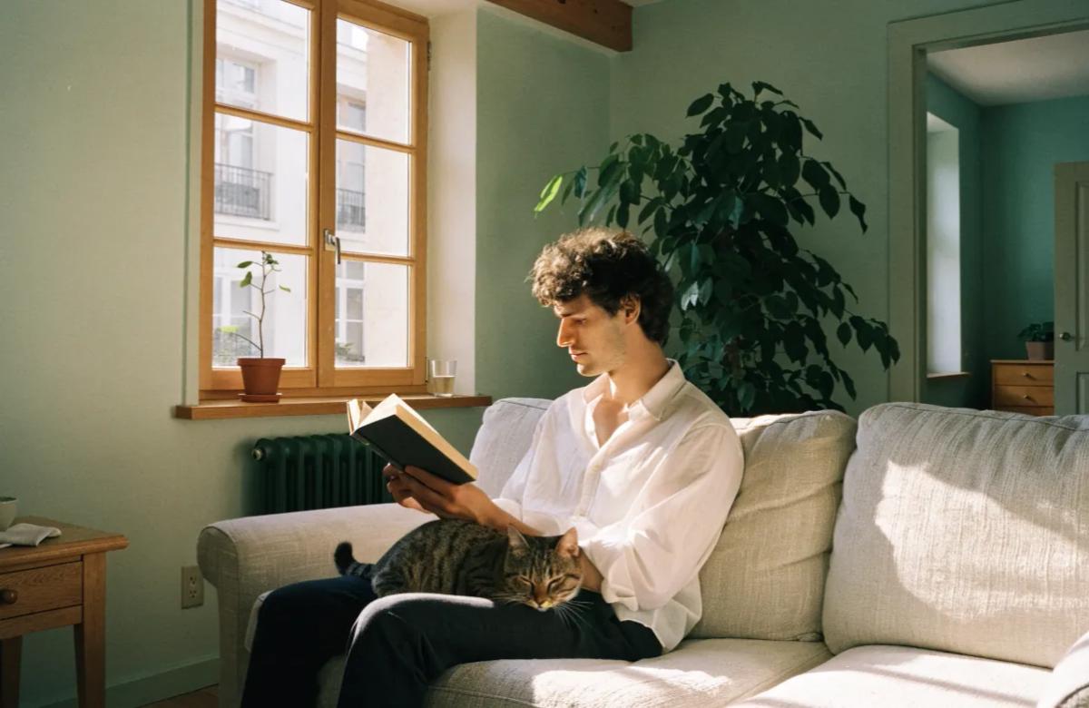 Locataire détendu avec son chat dans son appartement en location