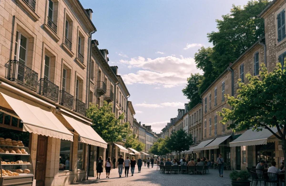 Rue commerçante animée d'une ville moyenne française, illustrant l'importance de l'emplacement pour un investissement locatif