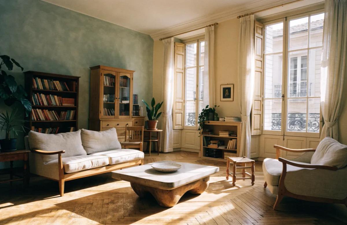 Salon lumineux d'une colocation meublée à Paris avec espaces communs partagés