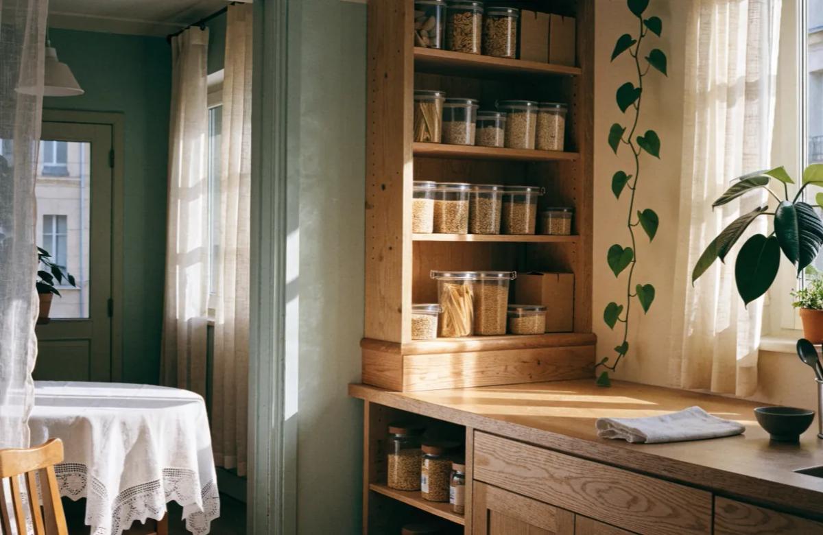 Cuisine propre et rangée avec aliments stockés en boîtes hermétiques
