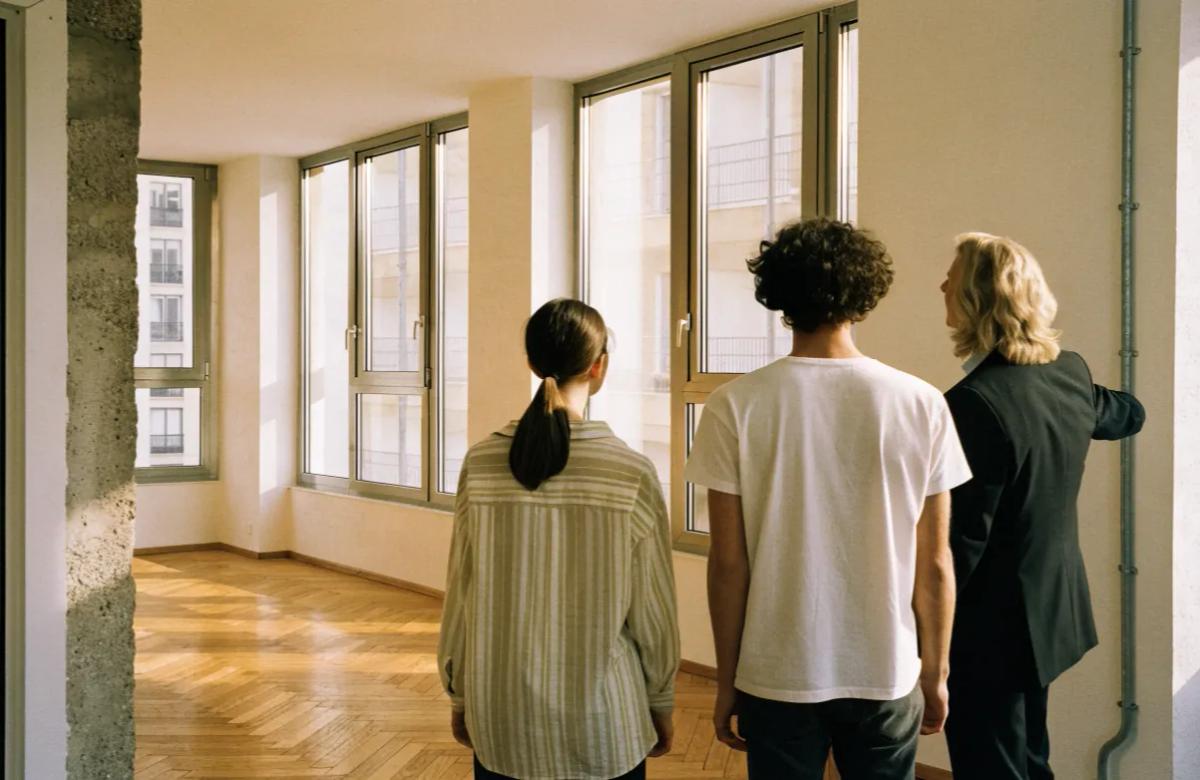 Jeune couple visitant un appartement lumineux avec l'agent immobilier