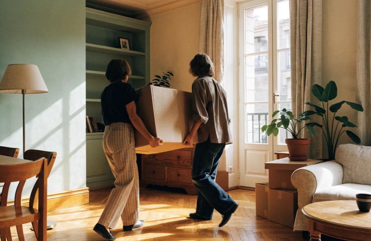 Couple emménageant dans un logement avec cartons de déménagement