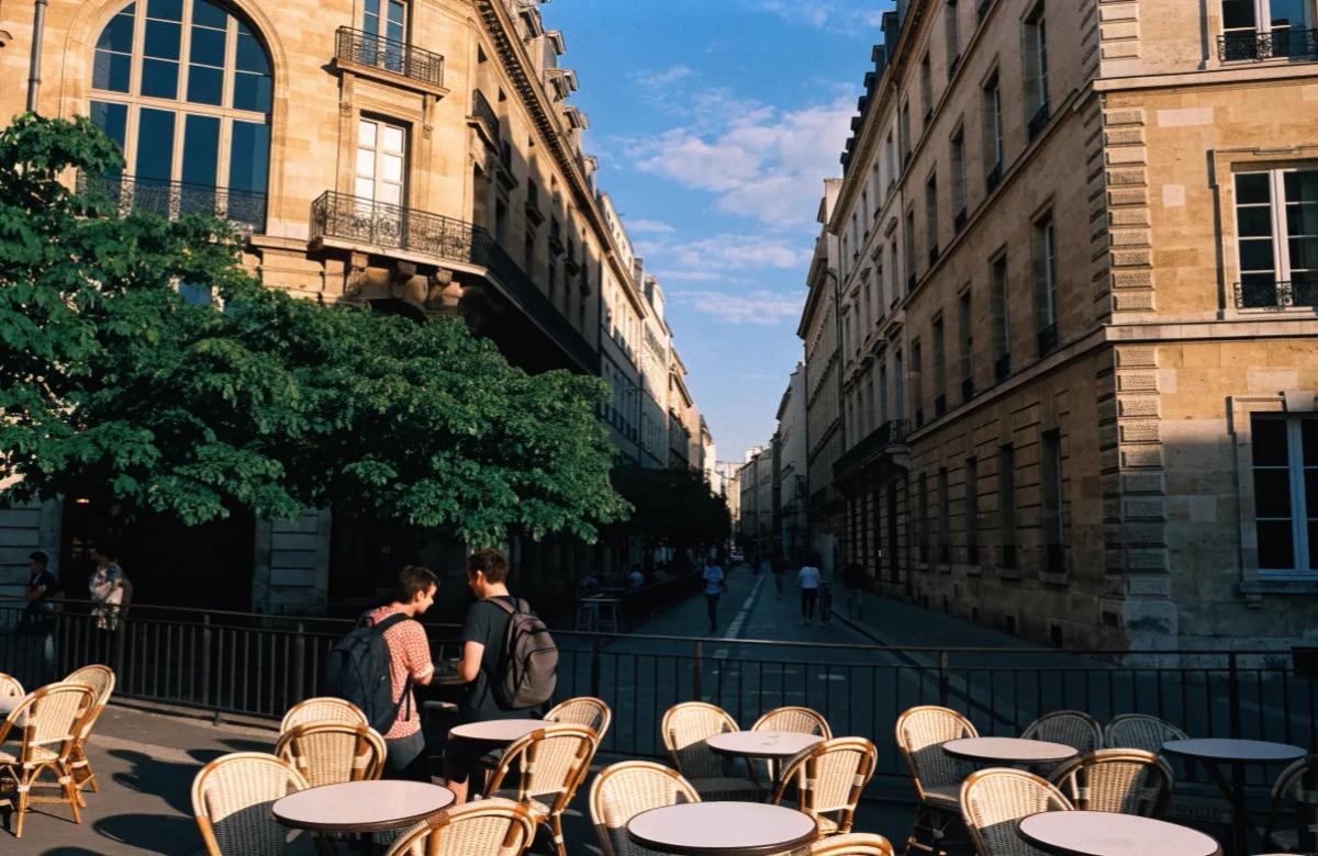 Terrasse de café dans une rue du centre de Paris