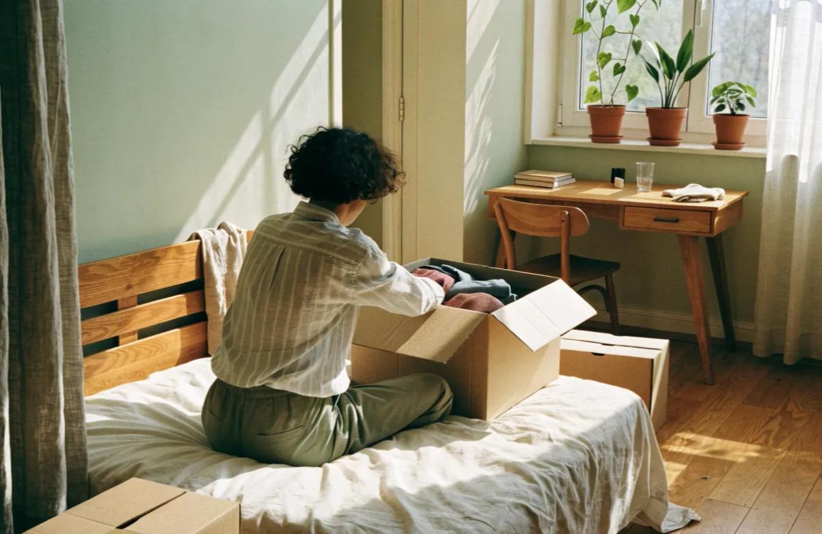 Étudiant emménageant dans son logement avec des cartons