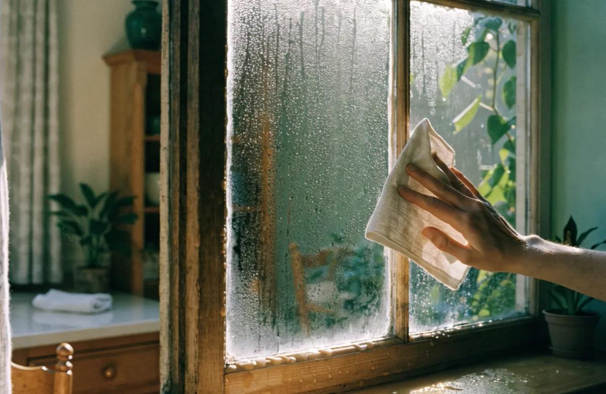 Fenêtre couverte de condensation dans un logement mal isolé