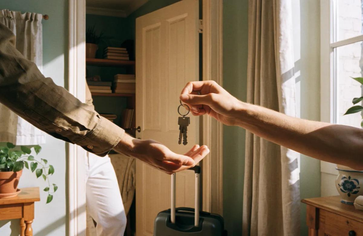 Propriétaire remettant les clés d'un logement à un locataire pour une occupation temporaire