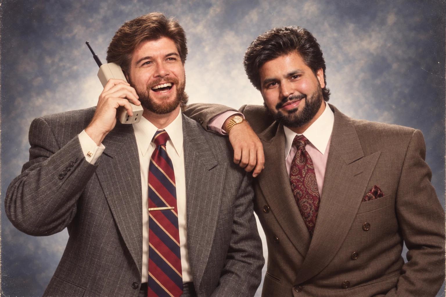 Dallas Whaitiri and Robin Dhawan in an '80s-style business portrait