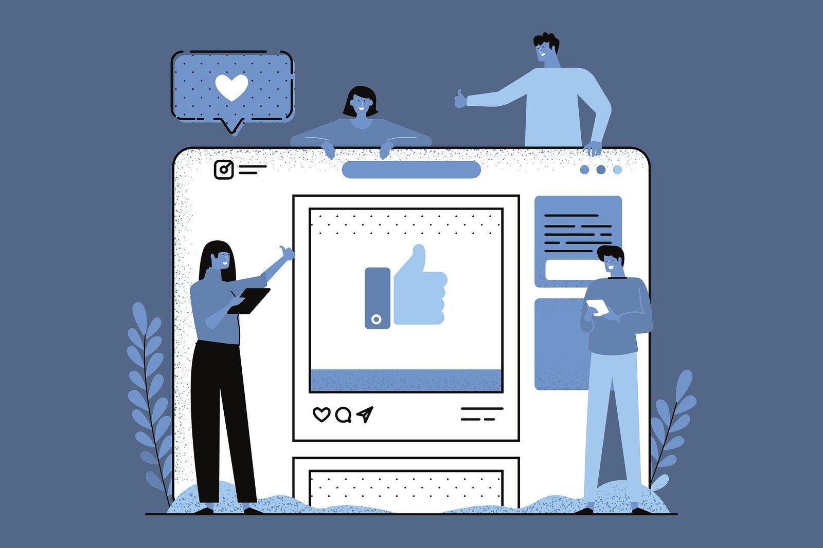 Social media marketing illustration with a mobile post and campaign team