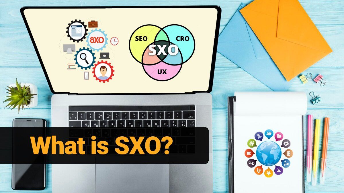 Laptop displaying a diagram that combines SXO, SEO, CRO and UX