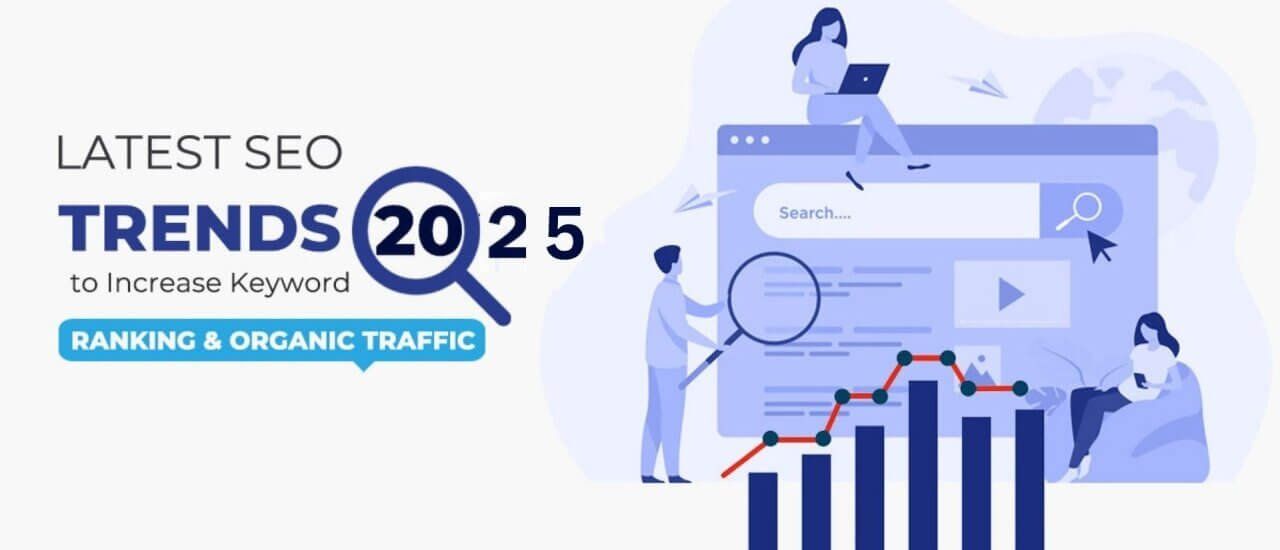 SEO trends for 2025 illustration with search and analytics graphics