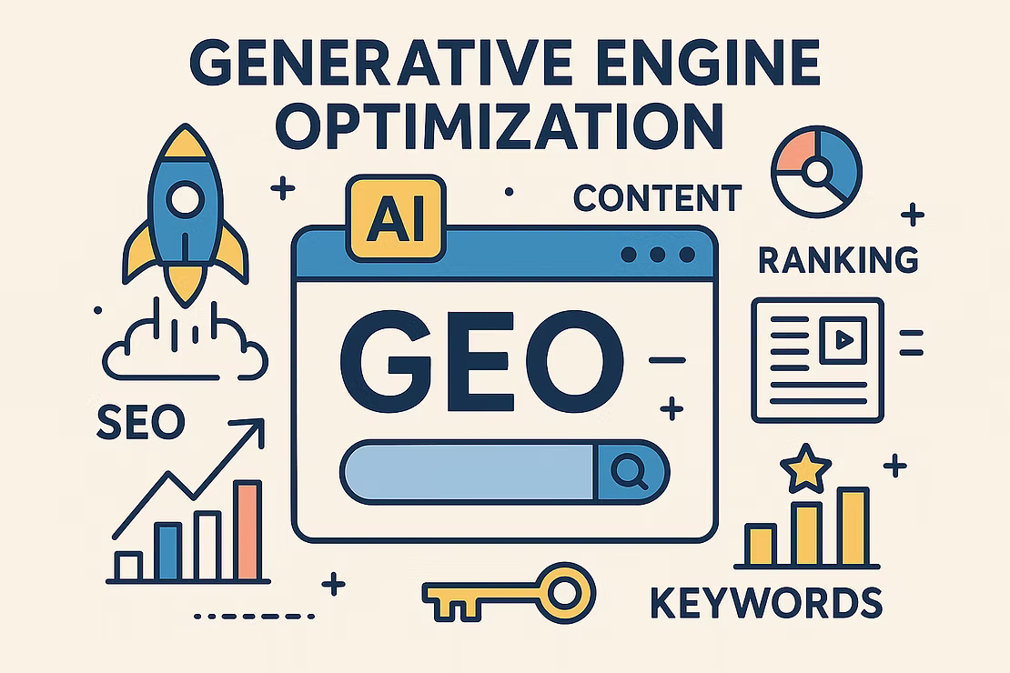 Generative engine optimisation infographic with content and ranking symbols