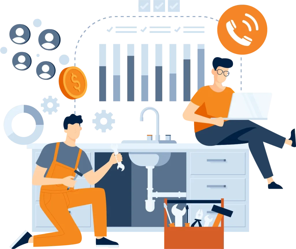 Marketing analytics illustration with charts and a campaign team