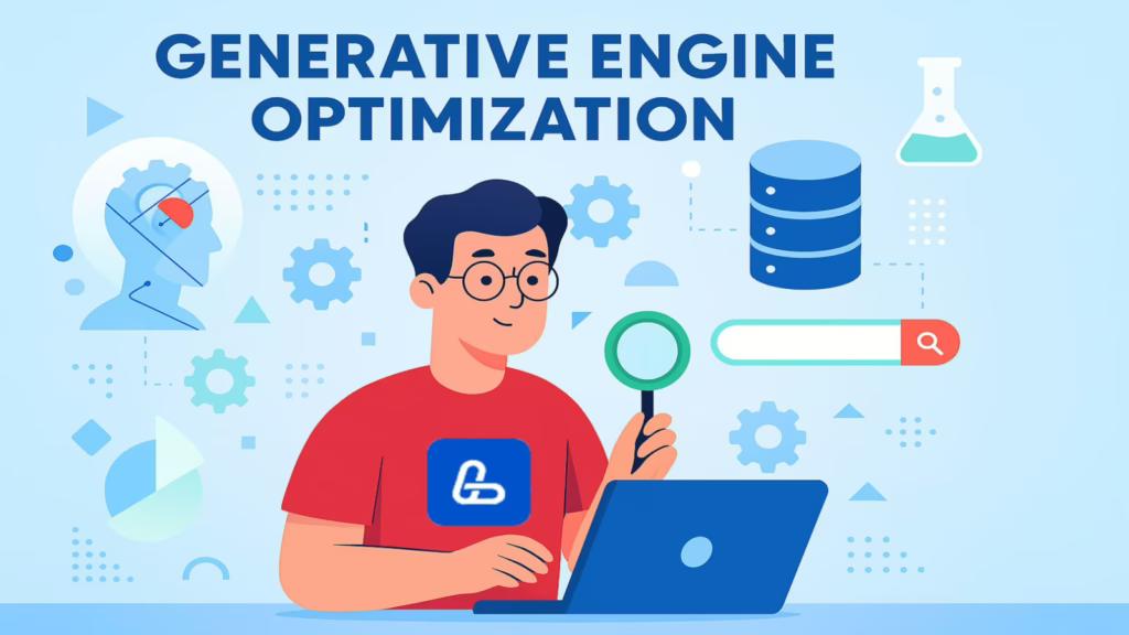 Generative engine optimisation illustration with search and data symbols