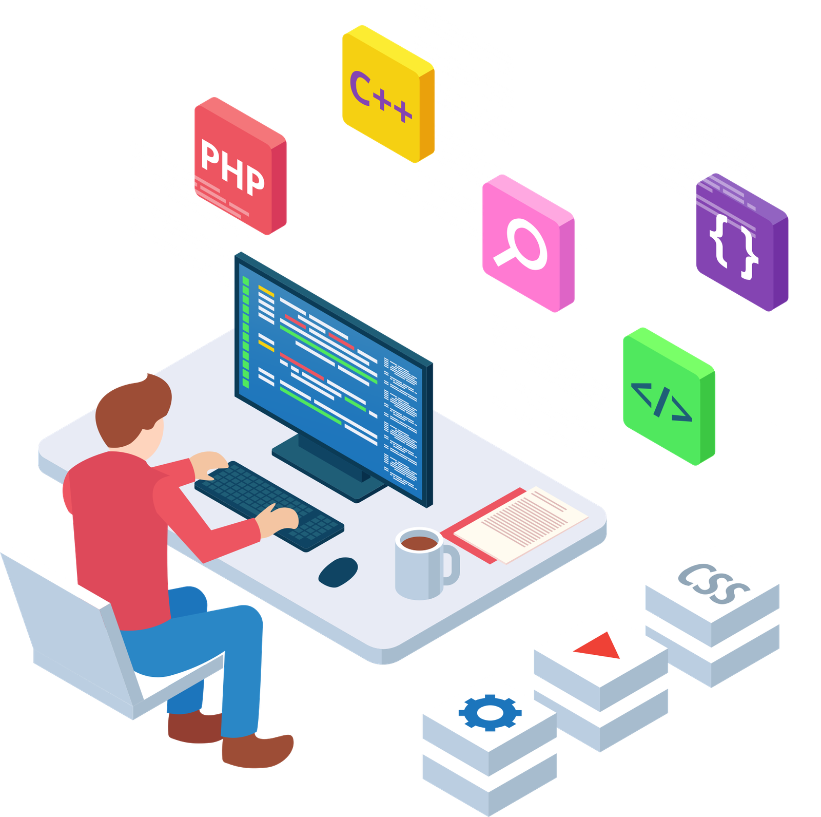 Illustration of a graphic designer working at a desktop computer