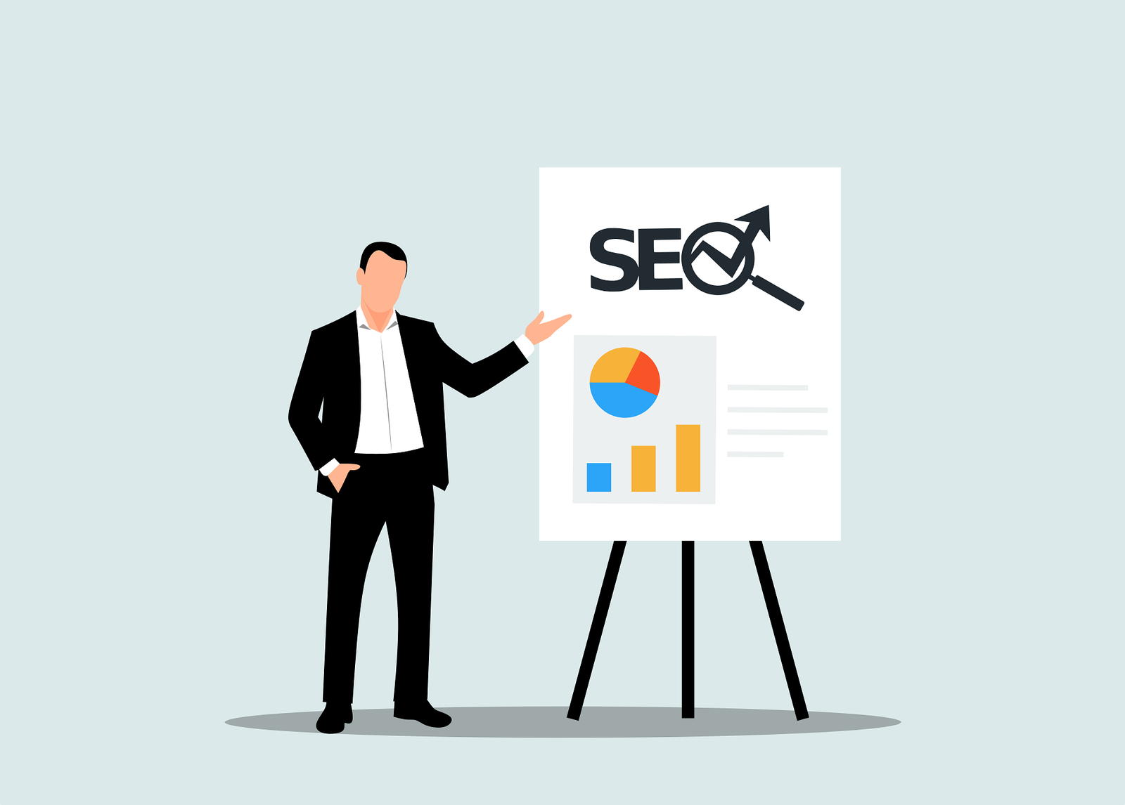 Presenter standing beside an SEO analytics board