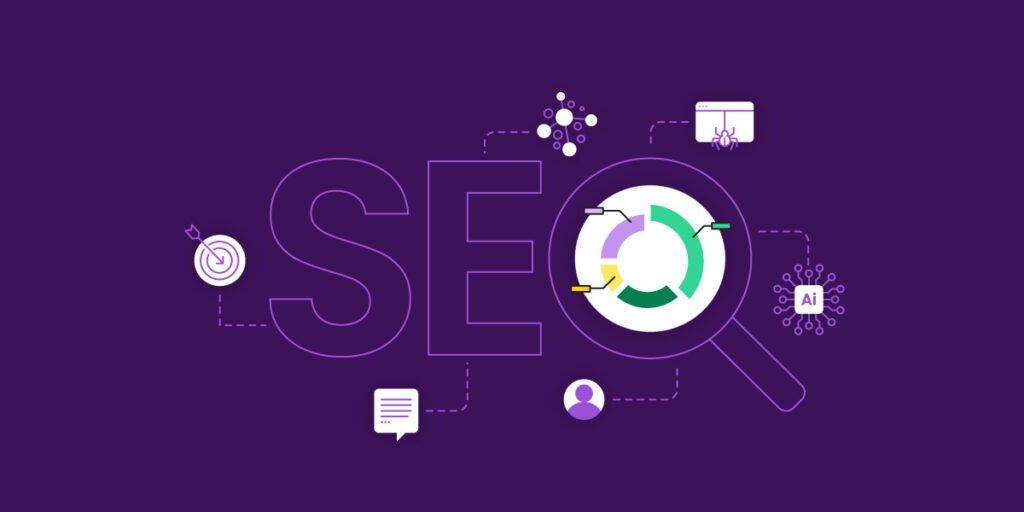 SEO illustration connecting search, content and AI concepts