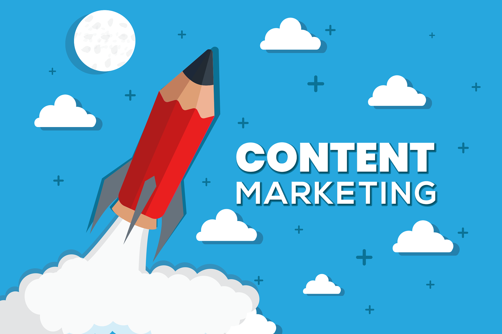 Content marketing illustration with a pencil launching like a rocket