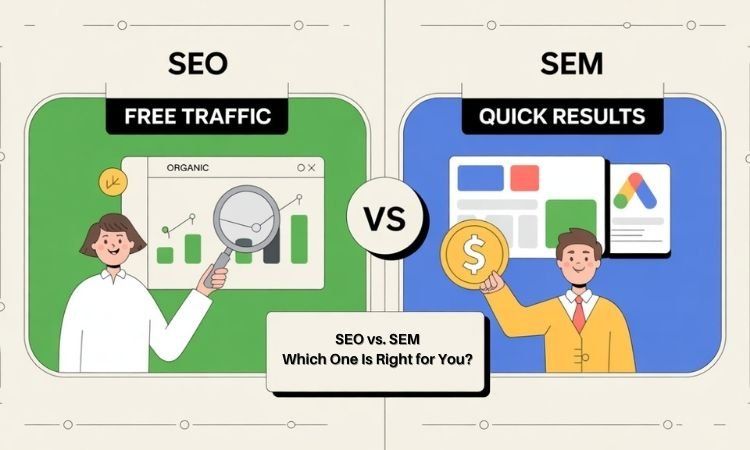 Illustrated comparison of SEO organic traffic and SEM paid results