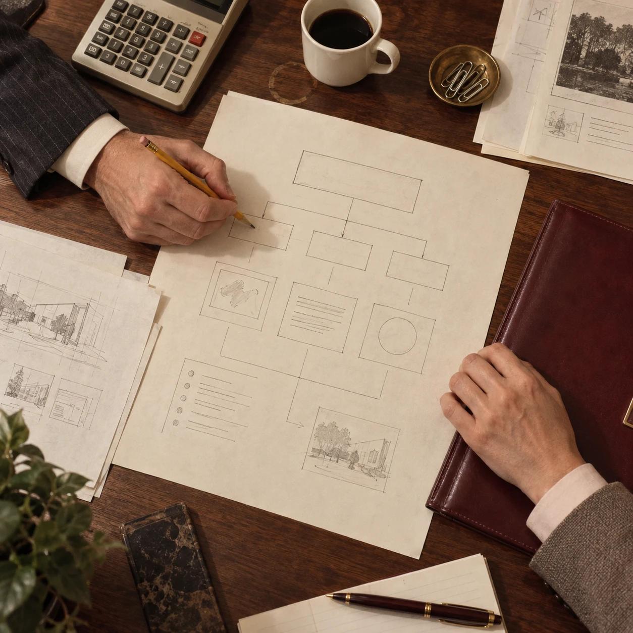 Overhead view of hands sketching a plan on an '80s desk