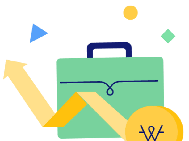 An abstract illustration featuring a green briefcase, a yellow upward arrow, and a yellow circle with a stylized "W" symbol.