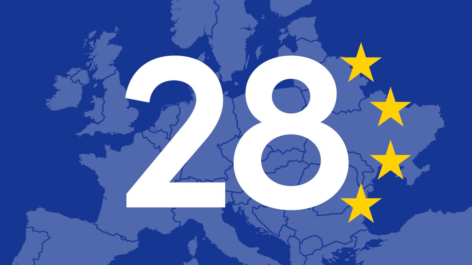 Map of Europe with the number 28 and four yellow stars on a blue background.